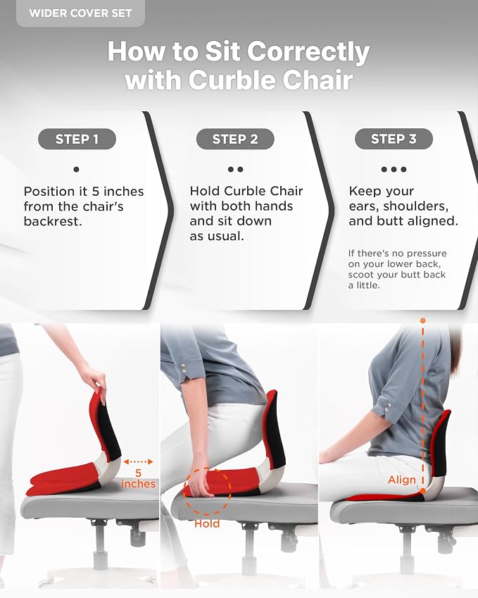 curble Wider – Ergonomic Desk Chair Seat Cushion, Everyday Passive Posture Trainer for Work from Home, Office & Car, Breathable Lumbar Support (Red)