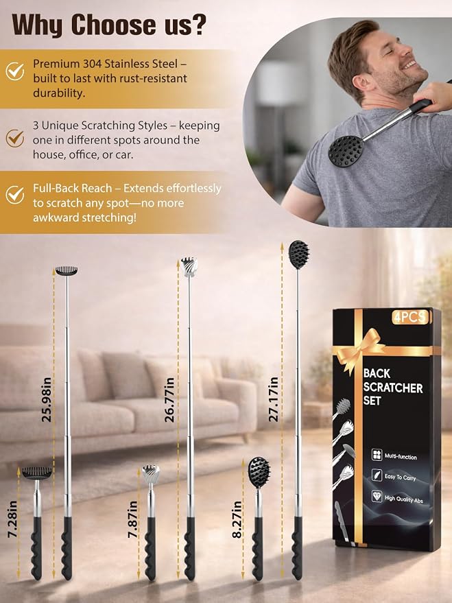 Gumry Telescoping Back Scratcher, 5 Detachable Heads, Gift for Men Black