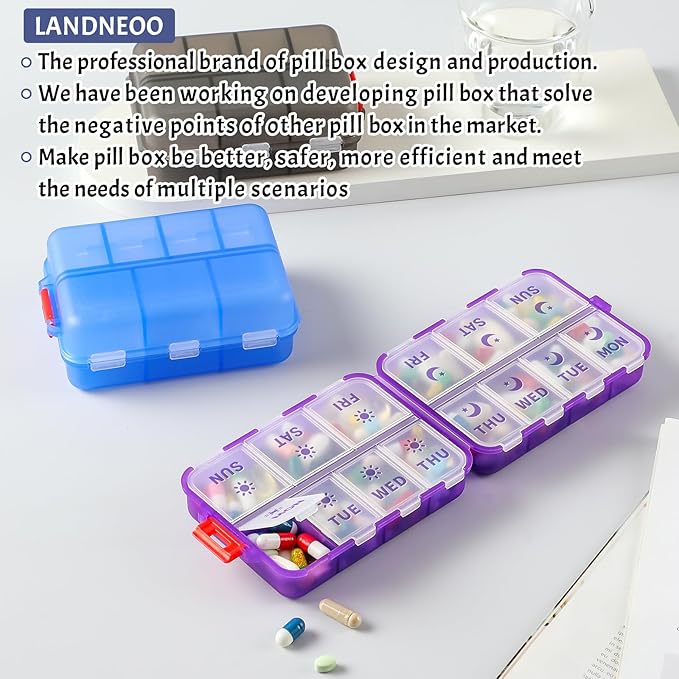 New Foldable & Double Protection Portable Weekly Pill Organizer 2 Times A Day with Etched Labels, AM PM 7 Day Week Medicine Box, Daily Travel Pill Case Dispenser for Vitamin, Supplement - Clear Blue