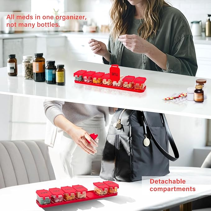 Extra Large Weekly Pill Organizer - Waterproof 7-Day Pill Box, Portable Vitamin & Supplement Case, Easy to Open Design, Ideal for Travel a nd Daily Medication Management (Red)