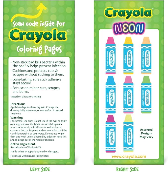 Crayola Shaped Neon Antibacterial Bandages for Kids, 100 CT - Adhesive Bandages for Minor Cuts, Scrapes, & Burns. Great Stocking Stuffer or White Elephant Gift