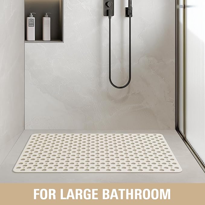 OTHWAY Large Shower Mat, 35"x 24" TPE Anti Slip Shower Mat, Heavy Bath Mats for Shower with Drain Holes Suction Cups, Shower Stall Mat for Bathroom, No Odor Shower Grip Mat for Elderly Kids(W-White)