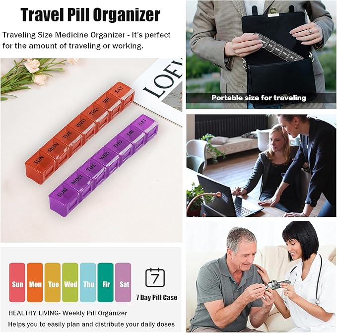 2 Pack Weekly Pill Organizer, Large 7 Day Pill Case, Daily Vitamin Case Medicine Box, AM/PM Pill Containers for Medicine Supplements Fish Oil (Red & Purple)
