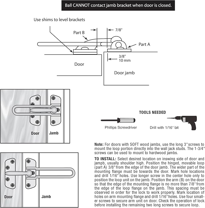 Prime-Line U 9899 Swing Bar Lock for Hinged Swing-In Doors – Secondary Security Lock for Door & Security, 3-7/8” Bar Length, Diecast Zinc Construction w/ Antique Brass Finish (Single Pack)