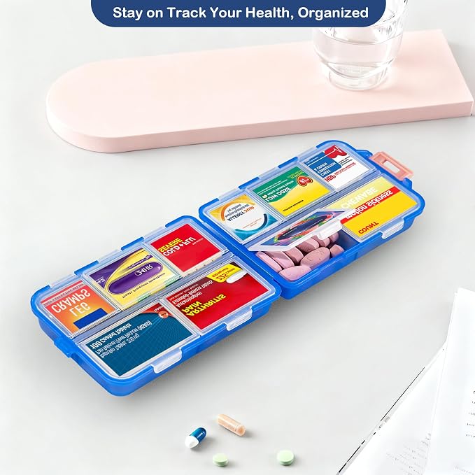 Extra Large Pill Organizer with 161 Medicine Labels, Travel Pill Case | Blue Extra large case with 10 compartments for 7-day pill planning, vitamins, supplements, and travel