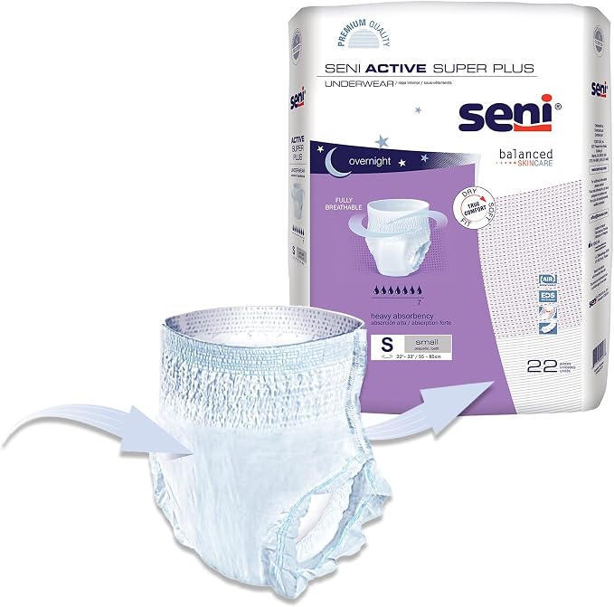 Seni Active Super Plus Unisex Adult Incontinence Underwear, Heavy Absorbency, Pull On Disposable Overnight Underwear for Men & Women (Small, 44, Count)