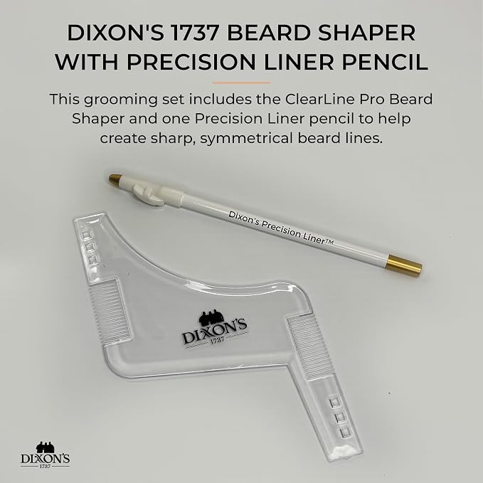 Dixon's 1737 Clear Line Pro Beard Shaper Tool for Men with Precision Liner Pencil, Transparent Beard Line Up Guide Template with Comb Edges Neckline and Cheek Line Trimming