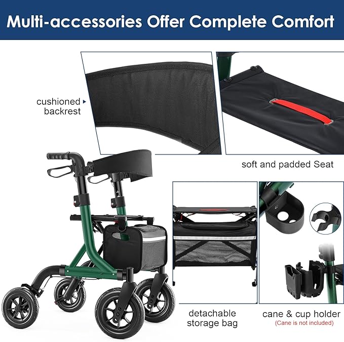 Walkers for Seniors, Rollator Walker with Seat, 10" Rubber Wheels All Terrain Rollator Walker with Backrest, Aluminum Walkers Built-in Cable, Foldable and Adjustable Height for Seniors, Green
