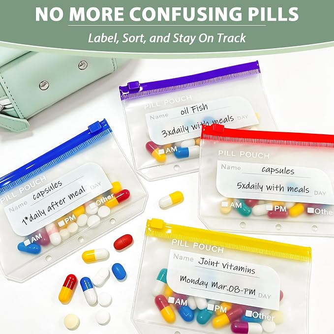 A8 Green Travel Pill Organizer with 14 Reusable Pill Pouches, Waterproof Pill Pouch Set,Large 7 Day Twice-Daily Travel Medicine Case for Purse, Compact Medication Storage Bag