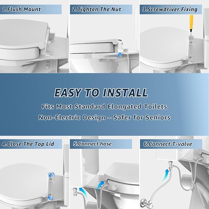 Huttdmel Raised Bidet Toilet Seat Elongated 18.5" – Soft Close, Dual Self-Cleaning Nozzles, Quick Release & Connect, Sturdy PP, Won't Loosen, Ideal for Seniors, Elderly & Limited Mobility, White