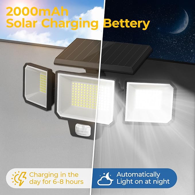 Solar Motion Sensor Lights, Remote Control, 3 Modes, 2 Pack | IP65 Waterproof LED Security Flood Light, Solar Powered Outside Wall Light for Porch, Garage, Garden, Lawn and Backyard Yard
