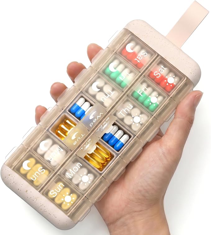 Pill Organizer, 2 Times a Day Pill Case, 7 Day Medicine Box, Weekly Medication Container, AM PM Dosey for Vitamin Meds Supplement Dispenser Storage Holder Arthritis Friendly Home Easy Use
