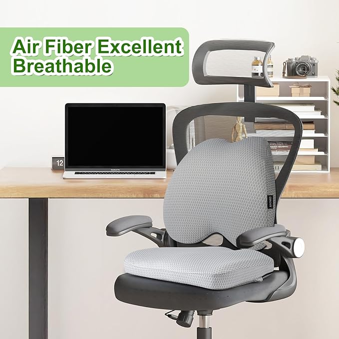 Lumbar Support Pillow Office Chair Car Back Pillow Ergonomic Lower Back Pain Relief Breathable Air Fiber Cushion with Hours Sitting on Worker Driver & Handicapped, Adjustable Strap (Light Gray)