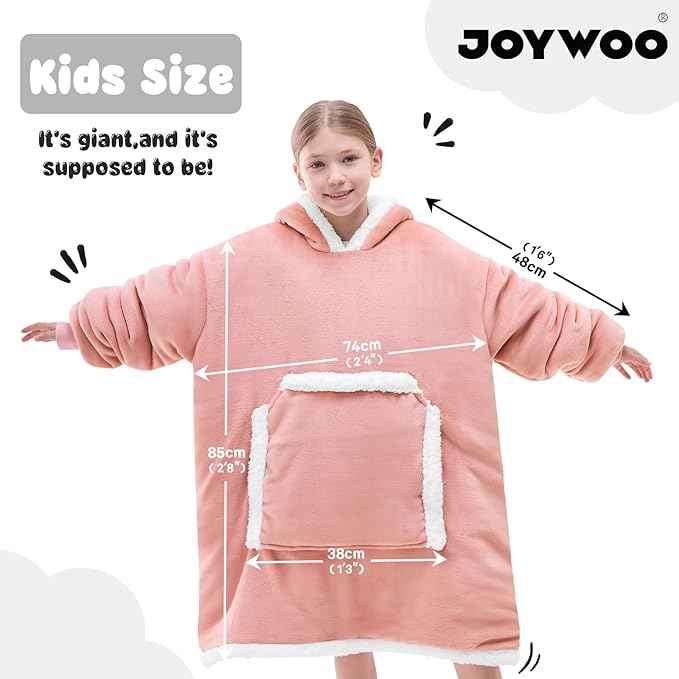 JOYWOO Pink Kids Wearable Blanket Hoodie,Oversized Cat lovers Hoodie Blanket for kids & Teens,Birthday Gifts for Girl Boys,Warm Cozy Fuzzy Sherpa Fleece Blankets with Giant Pocket Gifts,Mellow Rose