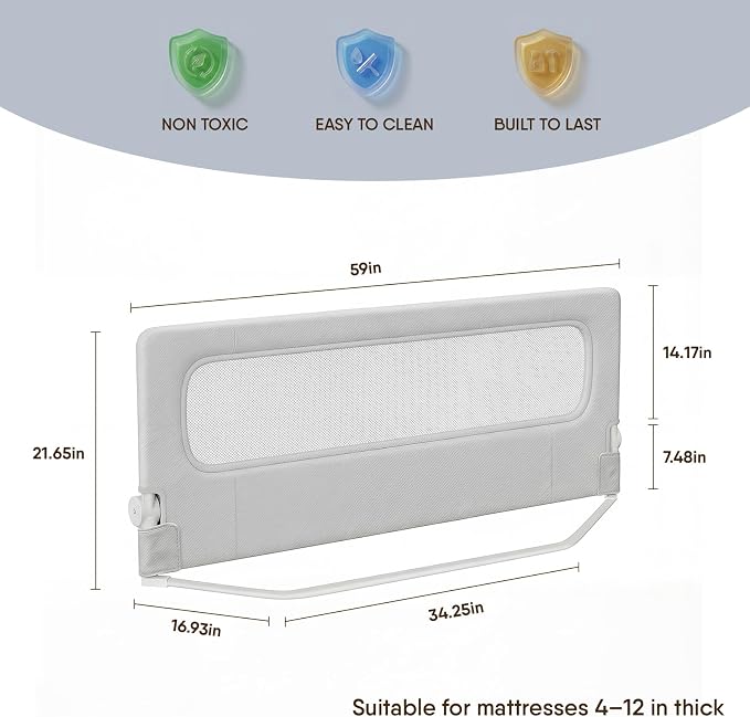 Bed Rail for Toddlers, 59 Inch Foldable Baby Guard | 59 in foldable toddler rail with reinforced anchors, no-gap mattress fit, double lock, washable fabric for King|Queen