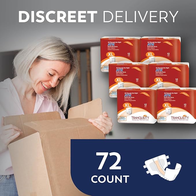 Tranquility Premium ATN Disposable Briefs with Tabs, Overnight Protection Superabsorbent Core for Leak-Free and Full-Fit Comfort, X-Large 60ct Case