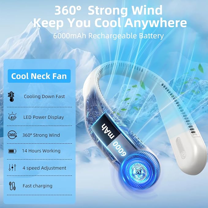 Portable Neck Fan, Personal Wearable Bladeless Fan, 6000mAh USB Rechargeable, 360° Airflow, LED Display, 4-Speeds, Hands Free Fan for Outdoor Indoor, Birthday Gifts for Men Women Dad Mom (Light grey)