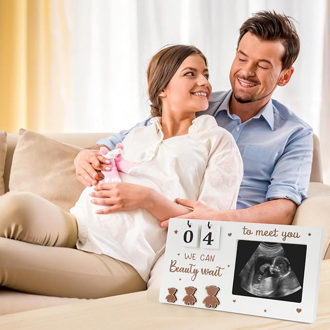 Draupnir Sonogram Picture Frame, Wooden Ultrasound Photo Frame with Baby Countdown Weeks, Bear-Themed Ultrasound Keepsake Gift for Expecting Parents, New Mom - First Pregnancy, Announcement (Brown)