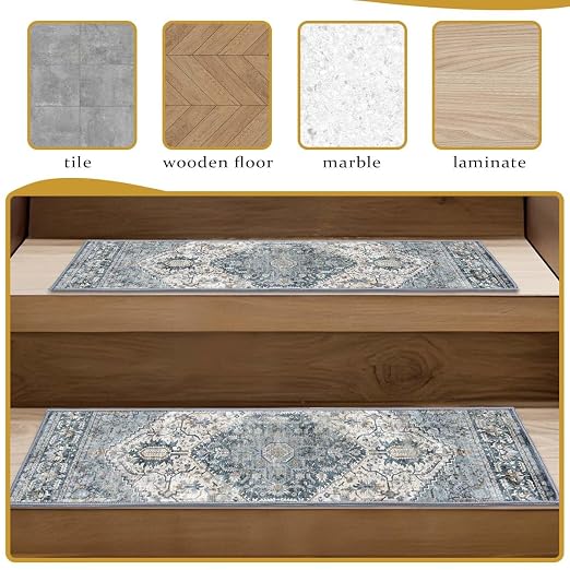 8”x 30” Carpet Stair, Anti-Slip Carpet Treads for Wooden Steps, Self-Adhesive Decorative Stair Runners, Slip-Resistant Treads for Indoor Wooden Staircases (4, Blue, 8X30 inch)