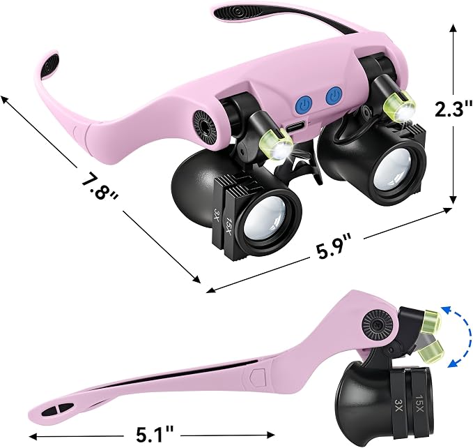 JARLINK Magnifying Glasses with LED Light, Hands Free Magnifier with 14 Interchangeable Lenses 3X 4X 5X 6X 7X 10X 15X, Magnifying Glasses for Close Work, Crafts, Jewelry, Electronics Repair (Pink)