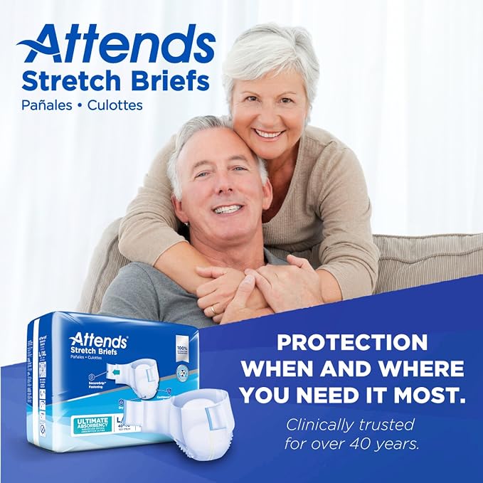 Attends Stretch Adult Incontinence Disposable Briefs, Large/X-Large, 40"-70" Waist with SecureGrip Tab Closure, Ultimate Absorbency with Dry-Lock Containment Core and Breathable Side Panels, 96ct Case