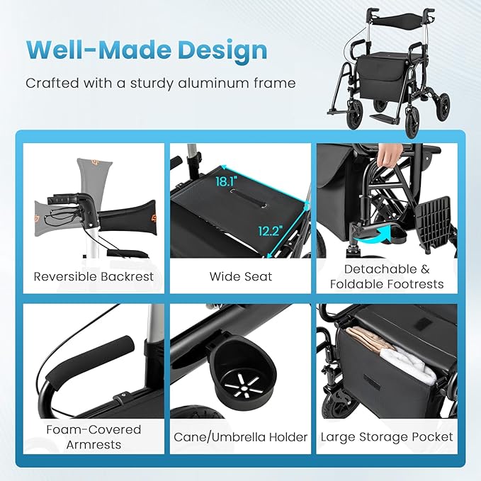Goplus Walkers for Seniors with Seat, 2 in 1 Folding Rolling Rollator Walker & Wheelchair Combo with Brakes, 9" Pneumatic Tires for All Terrain, Aluminum Adult Mobility Walking Aid