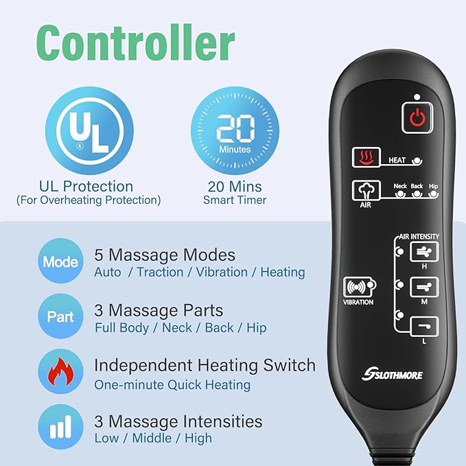 comrelax Back Massager with Heat & Traction & Vibration, Chair Massager Pad, Seat Massage for Pain Relief Deep Tissue, Lumbar Traction, PU Leather, Foldable, for 5’1” to 6’1”