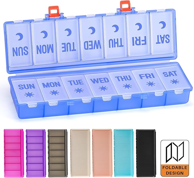 Foldable Pill Organizer 2 Times a Day w/Etched Labels -Dual Protection & Portable Weekly AM PM Pill Box, 7 Day Medicine Container, Large Travel Pill Case for Week Daily Supplement Vitamin -Clear Blue