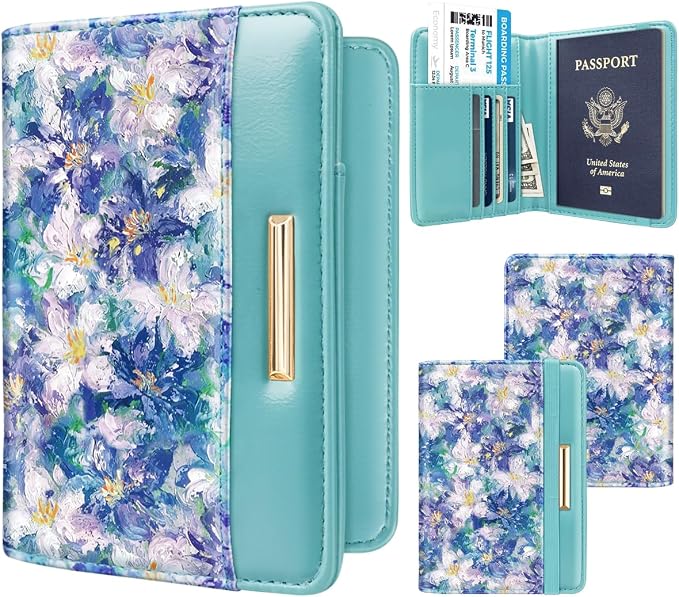 Coco Rossi Passport Holder for Travel Women Slim RFID Passport Cover Wallet | Travel Essentials, Passport Book Holders, Passport Wallet Cover Case, PU Leather, Cute, Thin, Spliced Design, Blue Flower