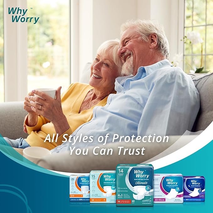 WhyWorry Ultimate Adult Diapers for Men and Women, Disposable Adult Briefs for Incontinence, Incontinence Briefs with Tabs, Ultimate Absorbency, Odor Control, Medium, 56 Count (4 Packs of 14)