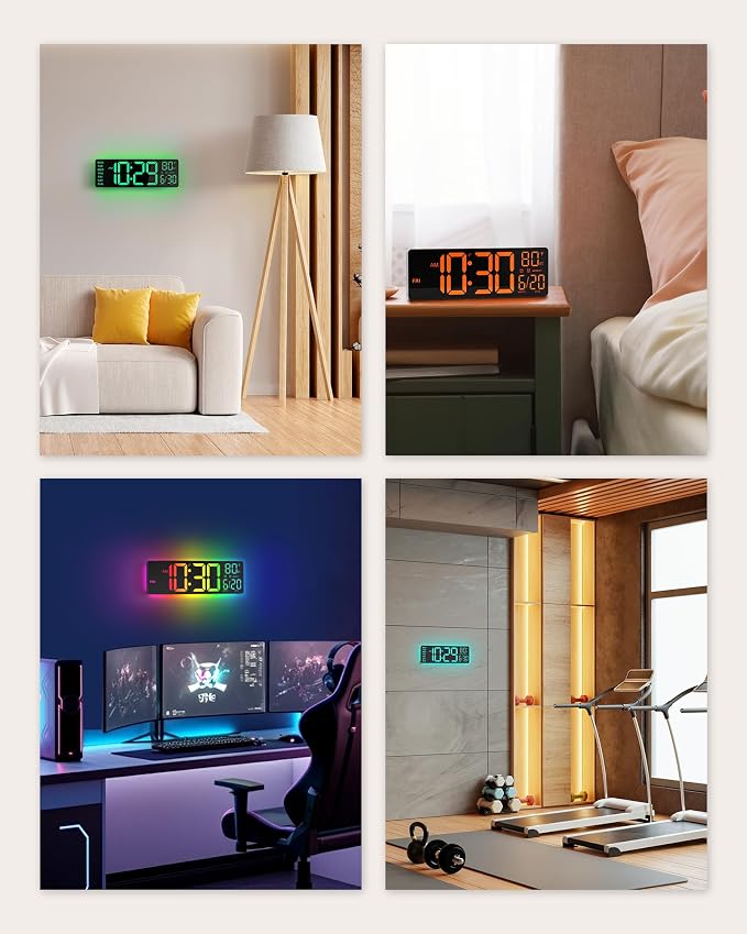 EASYERA 12" Digital Wall Clock for Classroom Livingroom Game Home Decor with LED Display RGB Lights, BIuetooth Sync, Dual Alarms, Auto DST, Countdown, Remote Control, Temperature