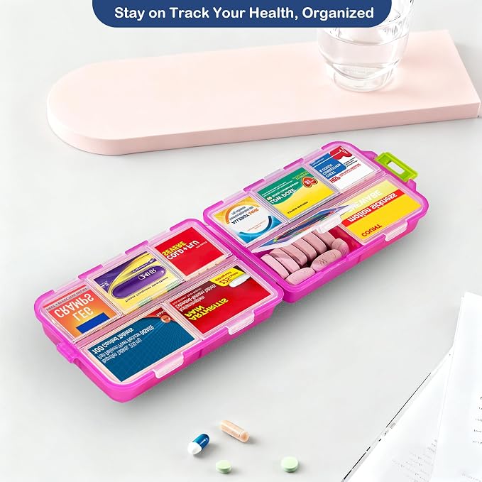 Extra Large Pill Organizer with 161 Medicine Labels, Travel Pill Case | Pink Extra large case with 10 compartments for 7-day pill planning, vitamins, supplements, and travel