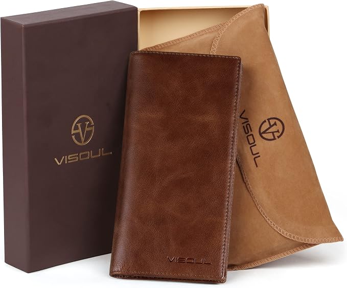 VISOUL Leather Checkbook Cover Wallet for Men with RFID Blocking, Mens Long Bifold Cash Tall Wallet with 11 Credit Card Slots 1 ID Window (Brown)