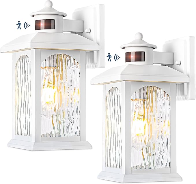 FILIYANO White Motion Sensor Outdoor Wall Lights, Dusk to Dawn, 2 Pack | Anti-Rust, Waterproof, Exterior Coach Lights with 3 Modes, Modern Farmhouse Fixtures for Front Door, Garage, Porch and Patio