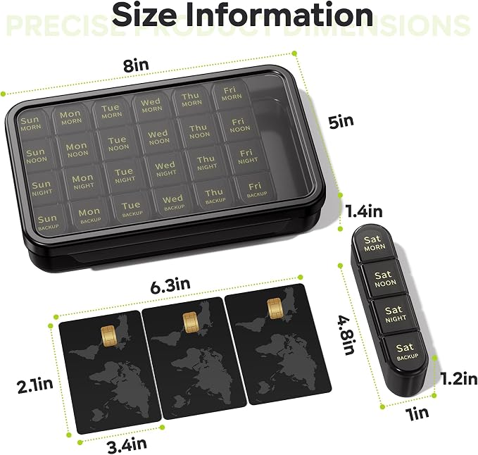 Daviky Pill Organizer 4 Times a Day - Pill Box 7 Day, Weekly Medicine Pill Organizer for Travel with Removable Containers, Pill Case to Hold Daily Vitamins, Supplements and Medication (All Black)