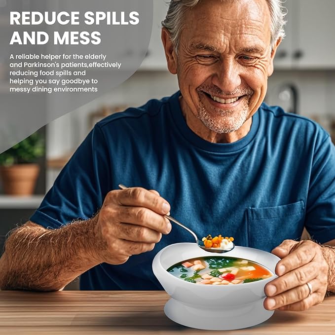 2Pack Spill Proof Scoop Bowl with Non-Skid Suction Base, Adaptive Self-Feeding Dinnerware for Elderly and Disabled(White)