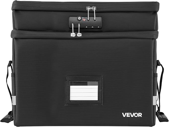 VEVOR Fireproof Document Box, 1832 ℉ Heat Insulated Fireproof & Waterproof Box with Lock, Portable Two-Layer File Storage Organizer Home Office Travel Use, for Passports, Important Documents, Files