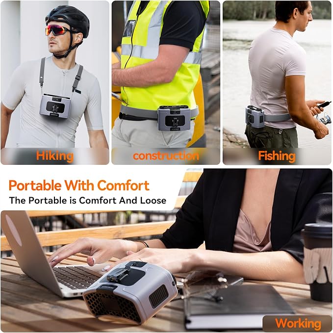 Doublepow 10000mAh Portable Waist Fan, Personal Dual Waist Fan, Clip On Belt Hanging Neck, Dual Motor 20H&10 Speed 16000RPM Strong Airflow, USB Rechargeable Fans, for Outdoor Work Travel(K60-Gray)