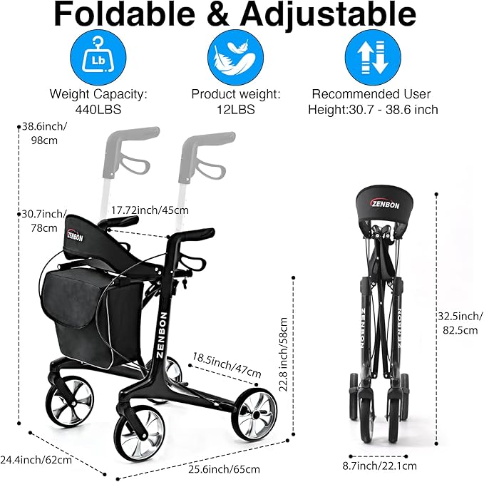 Rollator Walker for Seniors/Adults Foldable Rolling Walker with Seat 440 lbs Capacity 4 Big 7.9 inch Wheels Hand Grips Adjustable Height Lightweight Carbon Fiber Walker Removable Back Support