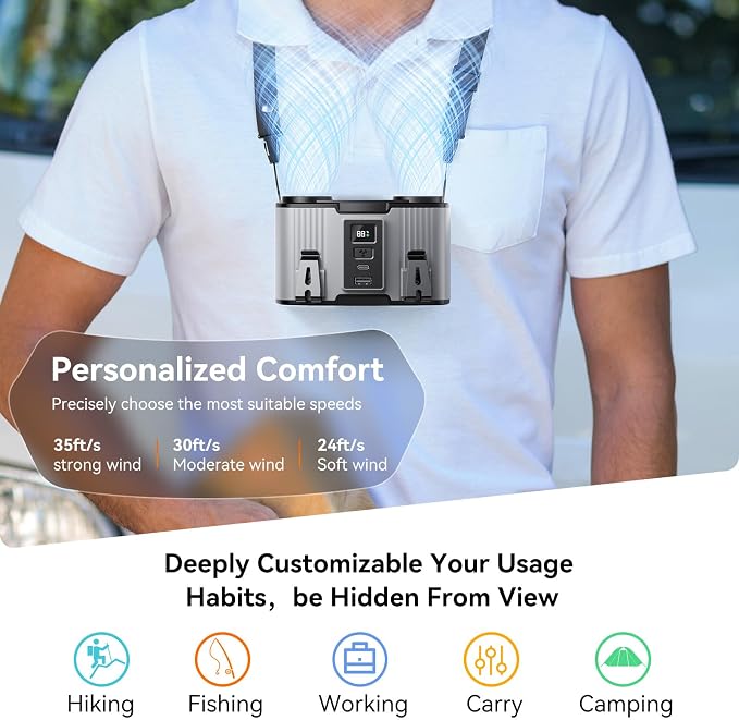 Doublepow 24000mAh Portable Waist Fan, Personal Fan, Dual Air Ducts Motors, Rechargeable Clip On Belt for Working, 10 Speeds 45H Wearable Neck Cooling, for Outdoor Work, Travel, Power Outage (Gray)