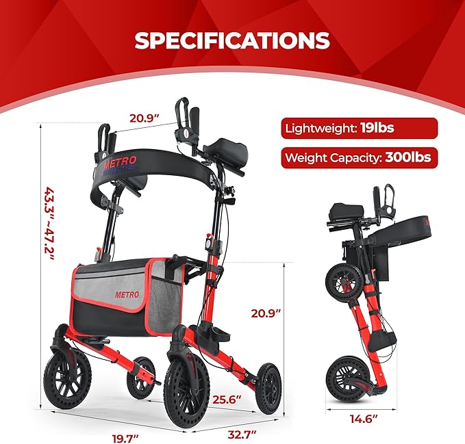 Metro Mobility Rollator Walker with Seat for Seniors, Foldable Lightweight Walkers for Seniors, 10" Big Front Shock-Absorbing Honeycomb Wheels for All Terrain, 300 lb. Weight Capacity, Red