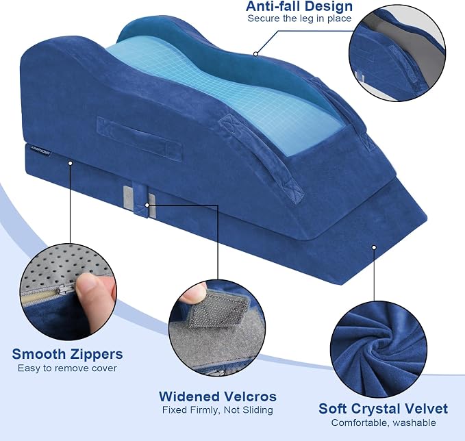 KingPavonini Adjustable Leg Elevation Pillows for After Surgery, Ergonomic Curve Keeps Knee Straight, Memory Foam Leg Pillow Elevation for Blood Circulation, Swelling and Pain Relief (Blue)