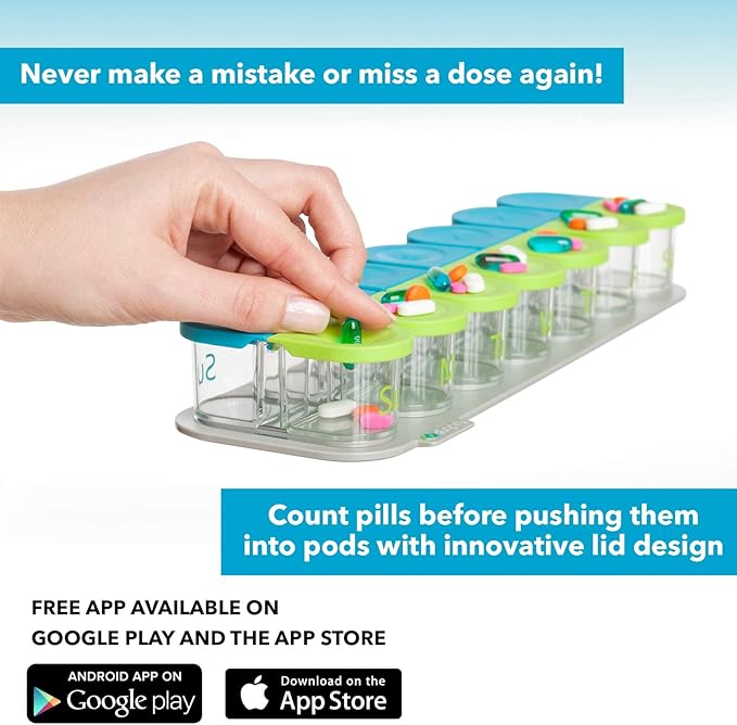 Sagely Smart XL Weekly Pill Organizer AM/PM - Medicine Storage Organizer with Reminder Alarm App (Large Enough to Fit Fish Oil, Cod Liver Oil, Vitamin D Supplements & Vitamins) (Blue/Green)
