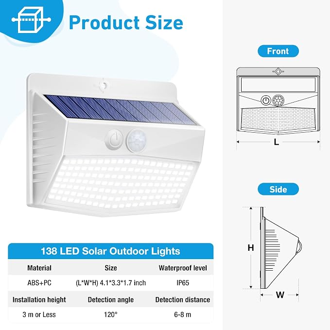 2 Pack Solar Motion Sensor Lights Outdoor Waterproof with 3 Modes | Cool White, White Frame, LED, Solar Powered, Security Lighting for Outside Wall Garden Fence Yard Deck Patio Garage