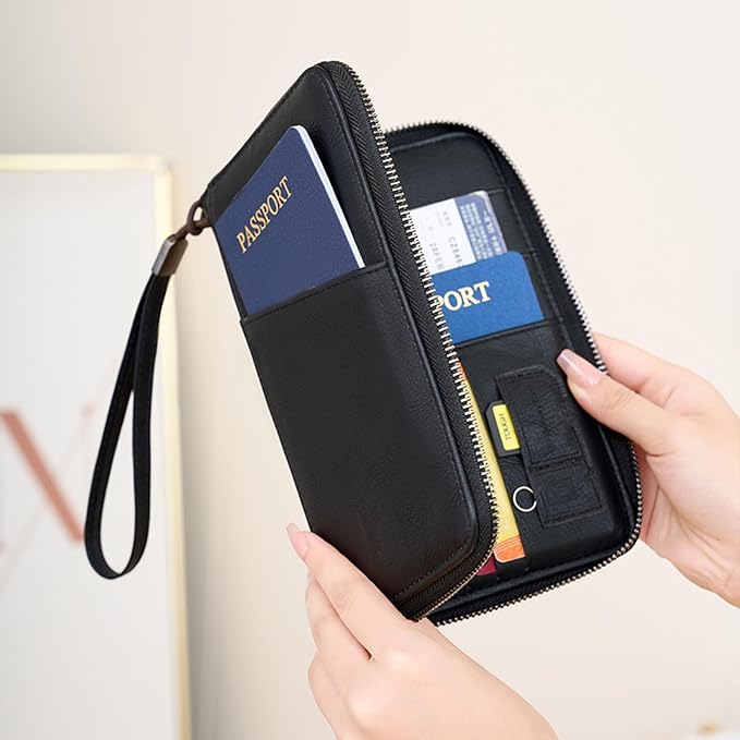 Family Passport Holder for Travel Women and Men Multiple RFID blocking Passport Holder MultiFunction Passport Wallet Passport Case Passport cover with Zipper