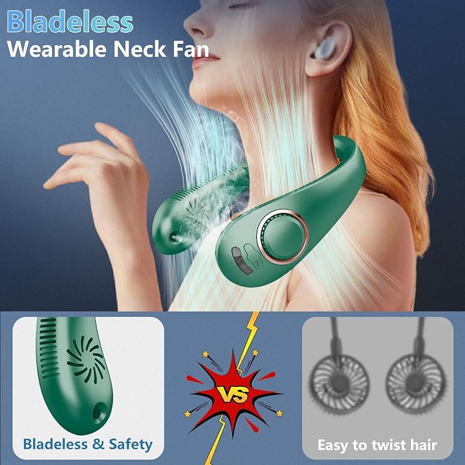 Neck Fan with Mist,Foldaway Neck Fan with Mist,Personal Fan for Neck Wearable Hanging around,Cordless Neck Coolers for Female Male Kids Dad Mom Deep Green