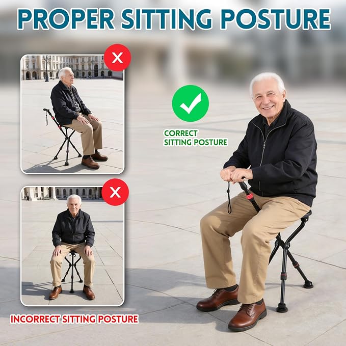 300-Pound Capacity Folding Cane with Seat, Adjustable Seat & Cane Height, Portable, Non-Slip Pads, Suitable for Middle-Aged & Senior Users, Daily Walking, Waiting in Line & Travel