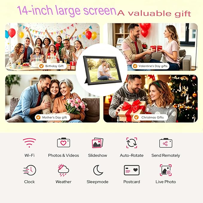 Digital Picture Frames Load from Phone,Video Frame,14" Uhale Digital Picture Frame 32GB,Touchscreen Digital Photo Frame WiFi, Instant Sharing, Unlimited Users,Free App,Gifts for Men/Women(Dad/Mom)