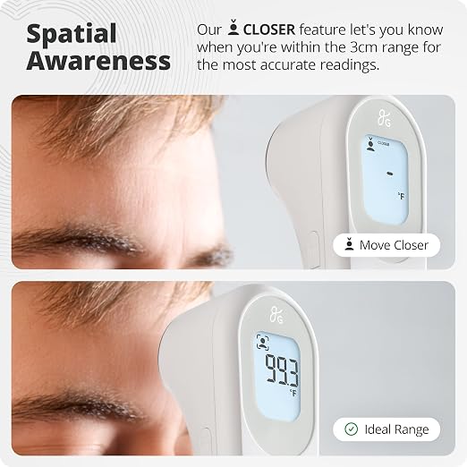 Greater Goods No-Touch Infrared Digital Thermometer for Adults, Kids, and Babies, Forehead Thermometer with Ergonomic Grip, Fever Alarm, White