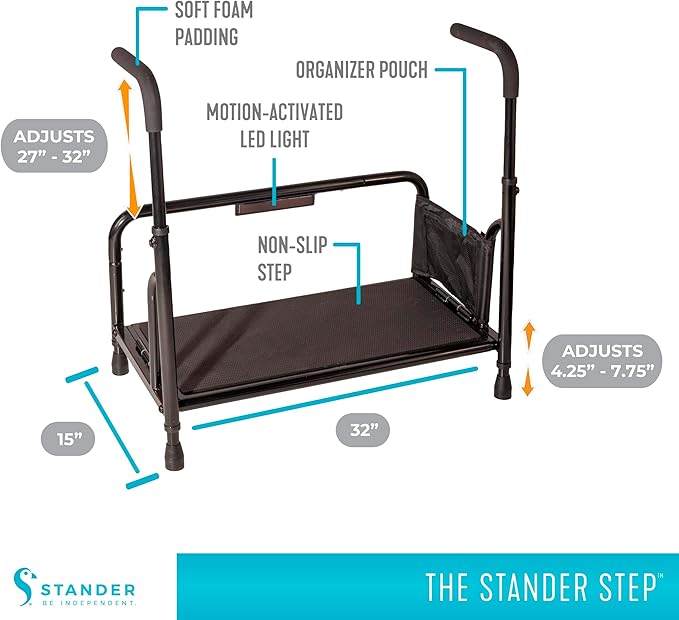 Stander Step-Stool, Portable Step with Adjustable Handles for Seniors and Elderly Adults, Extra Wide Heavy Duty Step-Ladder for Fall Prevention, Grab Bars, Motion Activated LED Light, Black